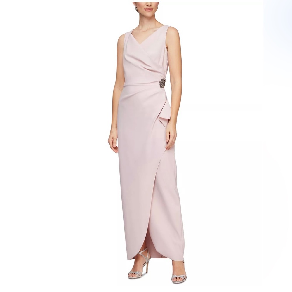 Alex Evenings Blush Pink Sleeveless Maxi Dress with Side Brooch Detail
